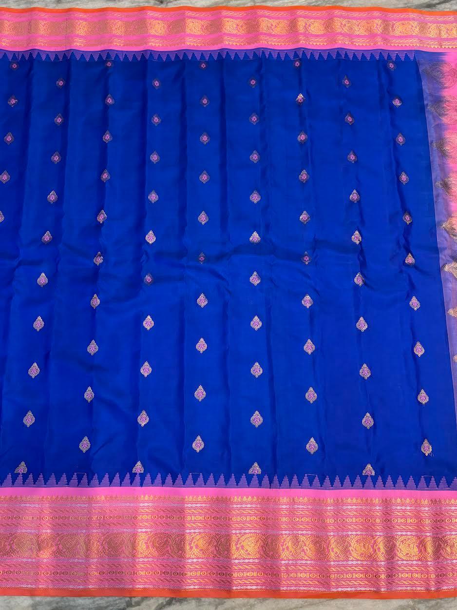 Royal Blue & Pink Pure Gadwal Silk Saree with Rich Gold Zari Pallu | Traditional Handloom Pattu Saree for Weddings & Festivals - pochampallysarees.com