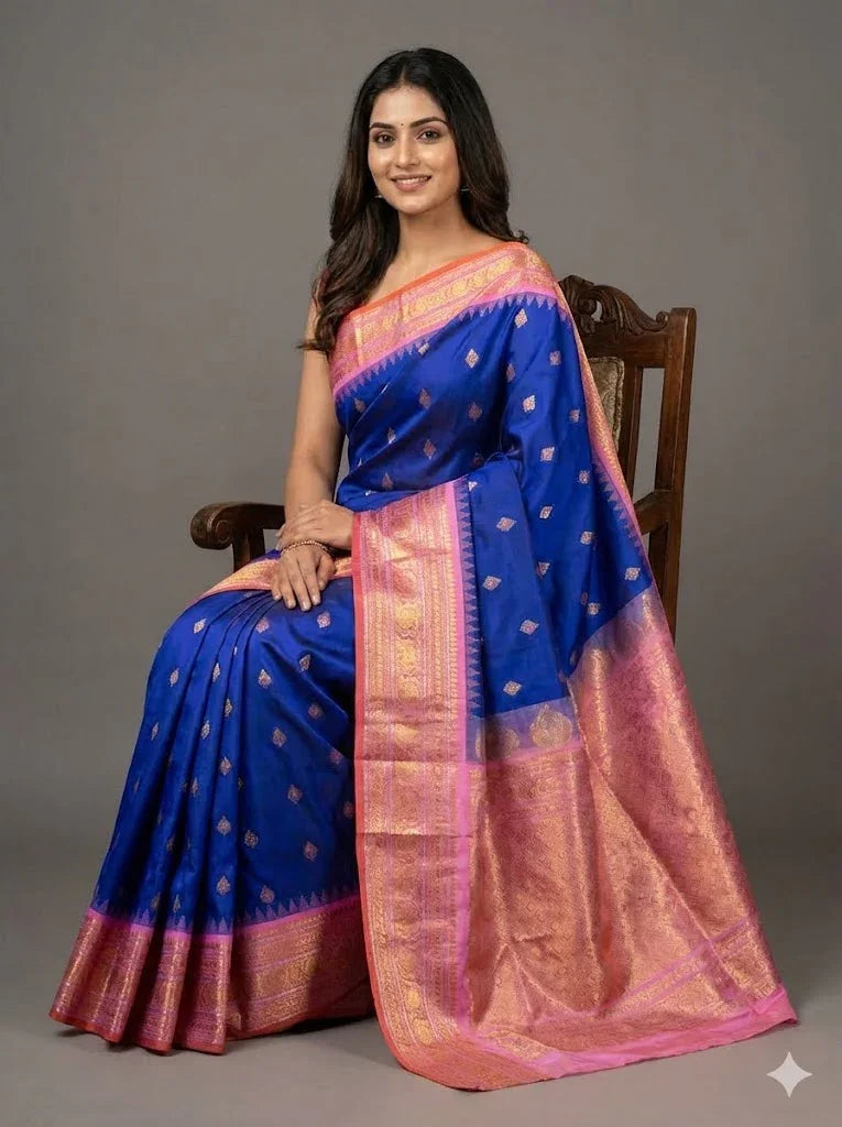 Royal Blue & Pink Pure Gadwal Silk Saree with Rich Gold Zari Pallu | Traditional Handloom Pattu Saree for Weddings & Festivals - pochampallysarees.com