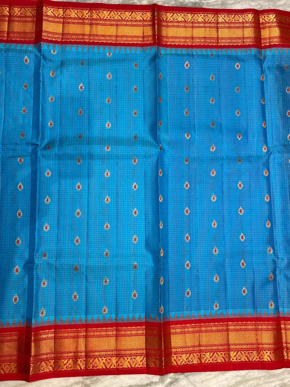 Pure Gadwal Silk Saree - Sky Blue & Red with Rich Gold Zari Border | Traditional Wedding Wear - pochampallysarees.com