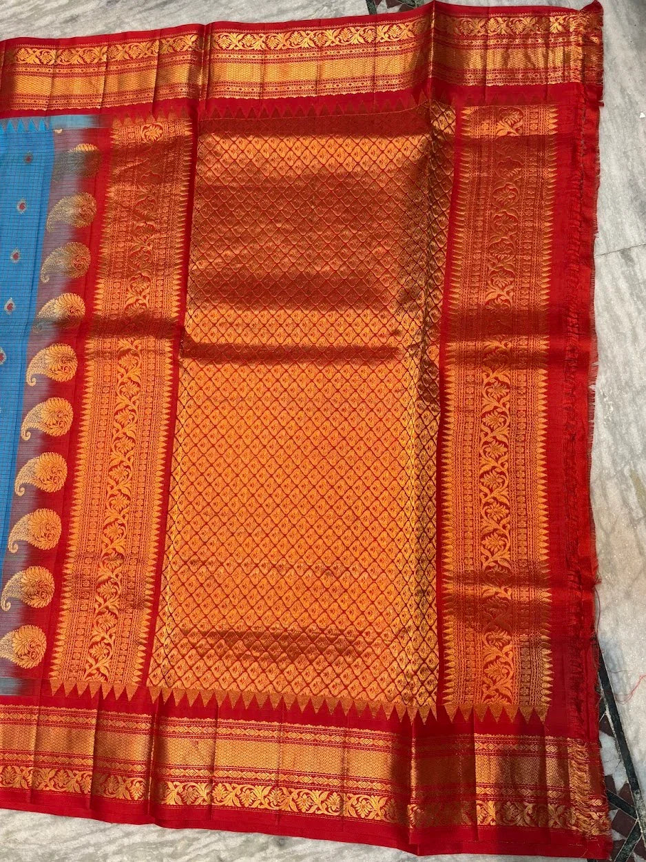 Pure Gadwal Silk Saree - Sky Blue & Red with Rich Gold Zari Border | Traditional Wedding Wear - pochampallysarees.com