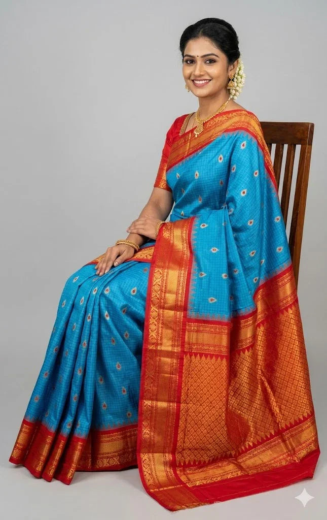 Pure Gadwal Silk Saree - Sky Blue & Red with Rich Gold Zari Border | Traditional Wedding Wear - pochampallysarees.com