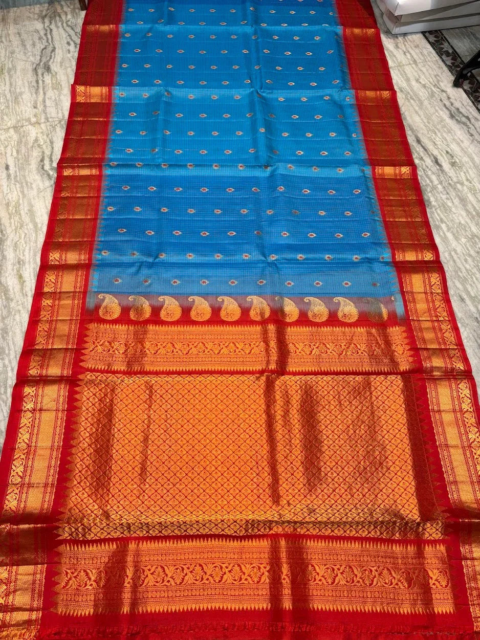 Pure Gadwal Silk Saree - Sky Blue & Red with Rich Gold Zari Border | Traditional Wedding Wear - pochampallysarees.com