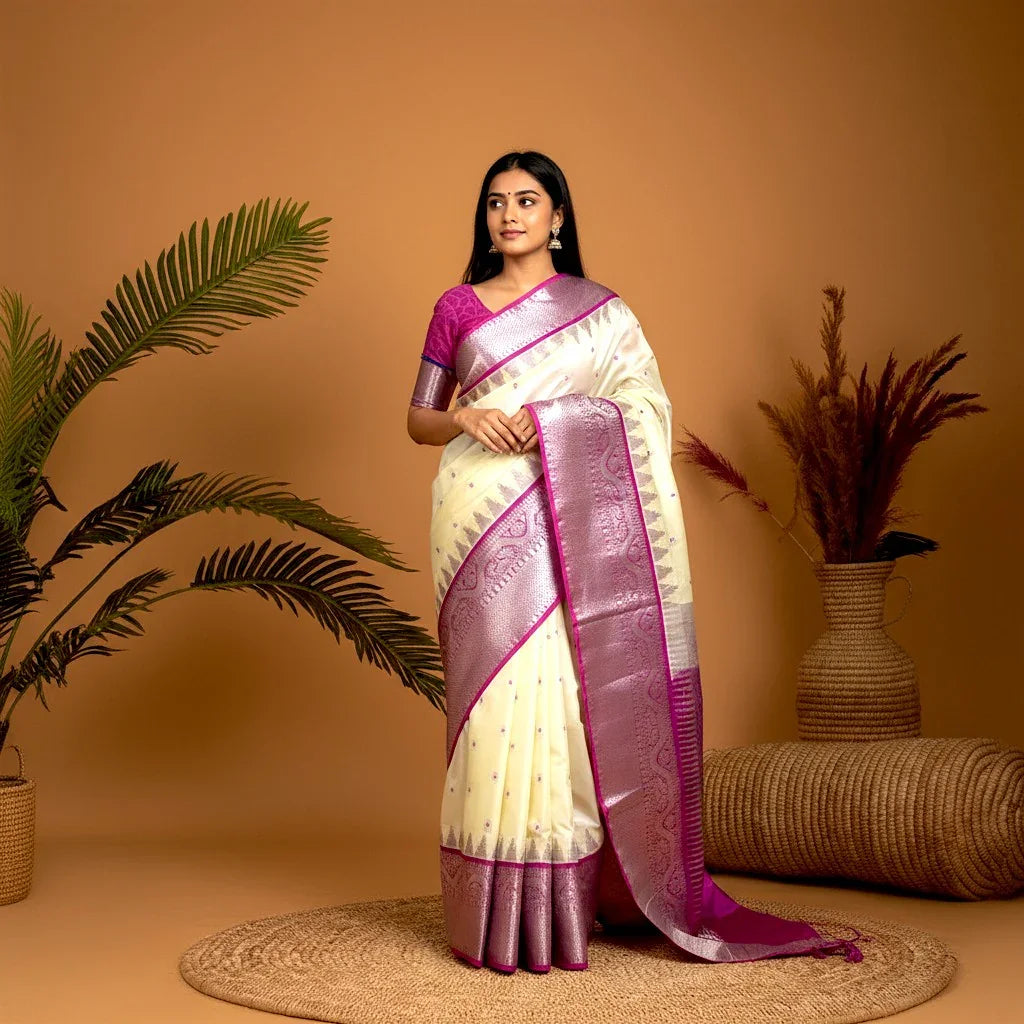 PURE GADWAL SILK BODY BUTTI CREAM PALLU SILVER BIG BORDER AND BLOUSE MEJENTA PURPLE SAREE - pochampallysarees.com