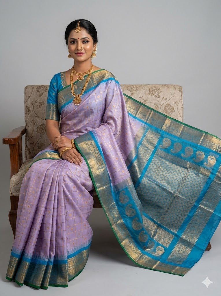 Pure Gadwal Silk Lavender & Teal Blue Saree