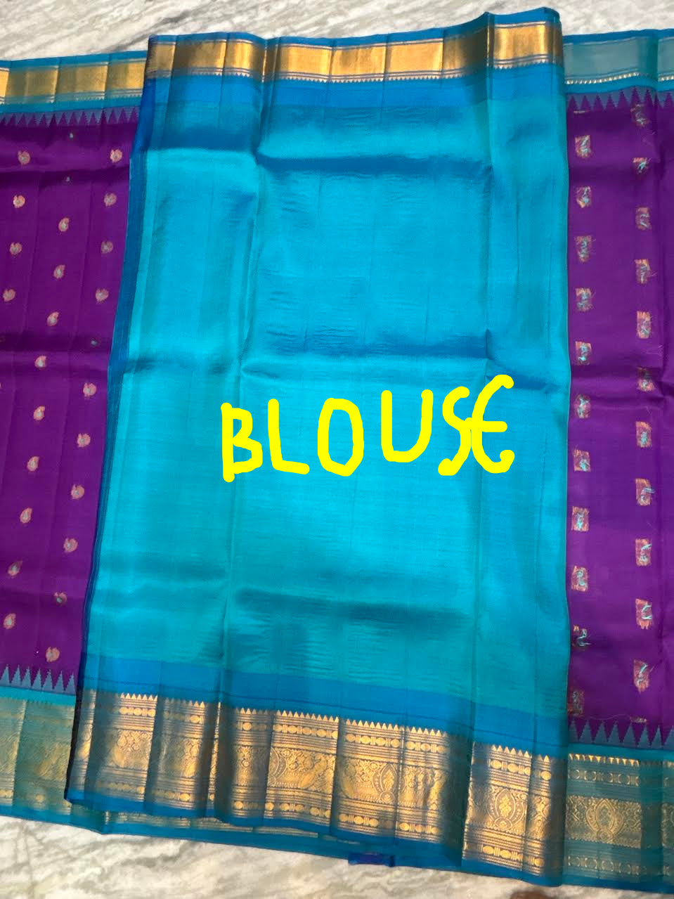 Pure Gadwal Silk Saree in Royal Purple & Turquoise Blue with Rich Gold Zari Border | Wedding Collection - pochampallysarees.com