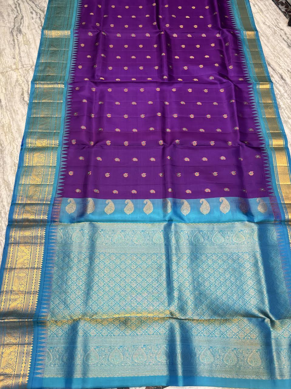 Pure Gadwal Silk Saree in Royal Purple & Turquoise Blue with Rich Gold Zari Border | Wedding Collection