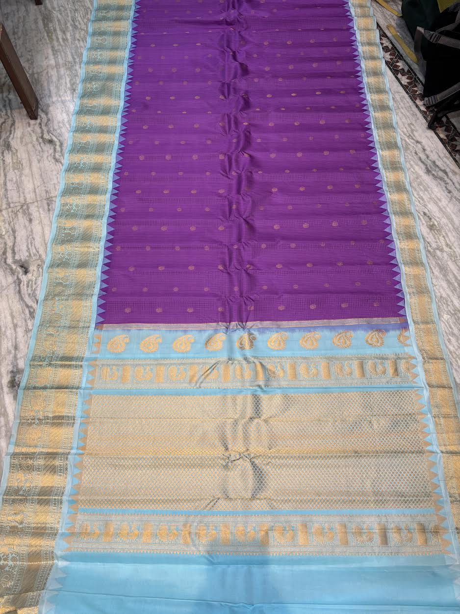 Pure Gadwal Silk Saree in Purple & Sky Blue | Gold Zari Checks & Traditional Temple Border | Festive & Wedding Wear - pochampallysarees.com