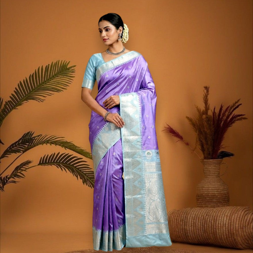 PURE GADWAL SILK BODY BUTTI PURPLE PALLU LIGHT BLUE BORDER AND BLOUSE LIGHT BLUE SAREE - pochampallysarees.com