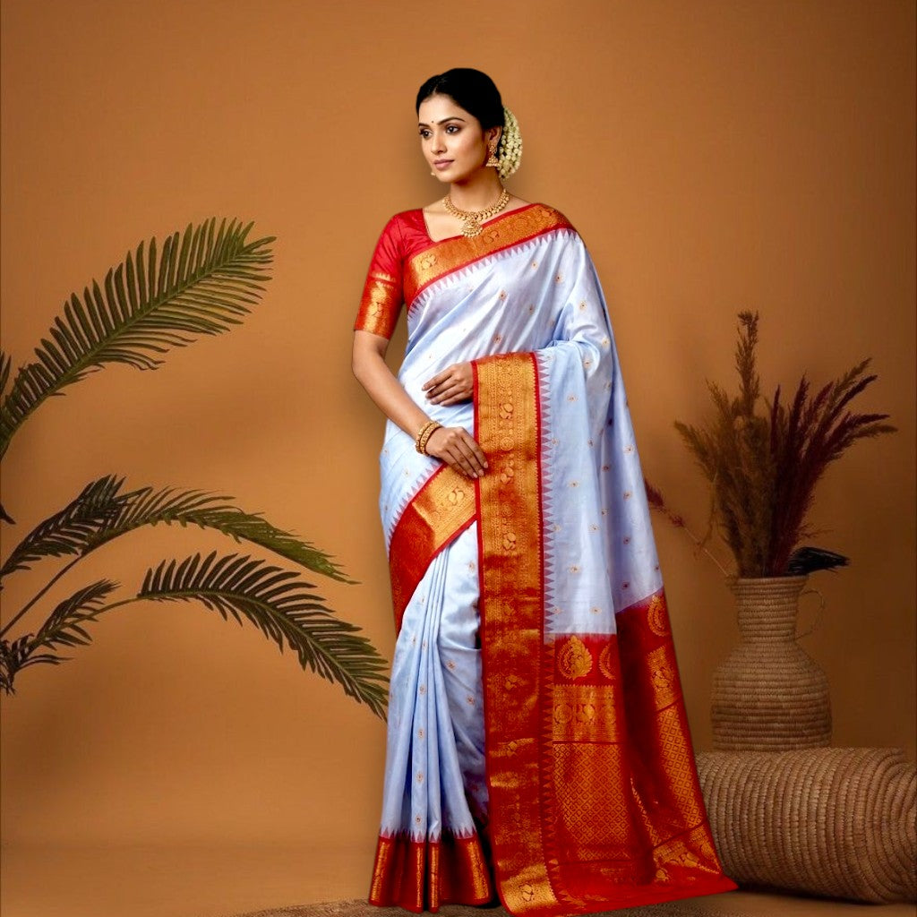 PURE GADWAL SILK BODY BUTTI SKY BLUE PALLU  RED BIG BORDER AND BLOUSE RED SAREE - pochampallysarees.com