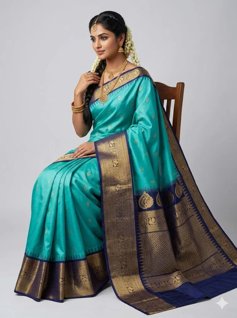 Pure Gadwal Silk Saree in Cyan & Navy Blue | Grand Gold Zari Kutu Border | Traditional Handloom Wedding Saree with Rich Contrast Pallu - pochampallysarees.com