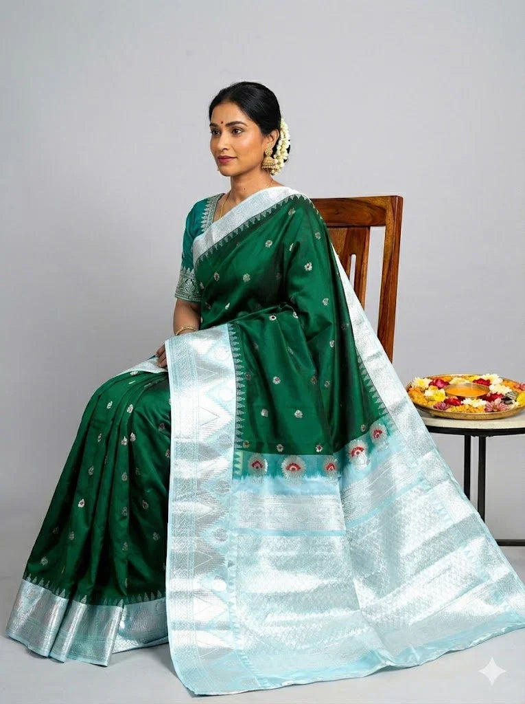 Authentic Dark Green Pure Gadwal Silk Saree with Silver Zari Border & Sea Green Blouse - pochampallysarees.com