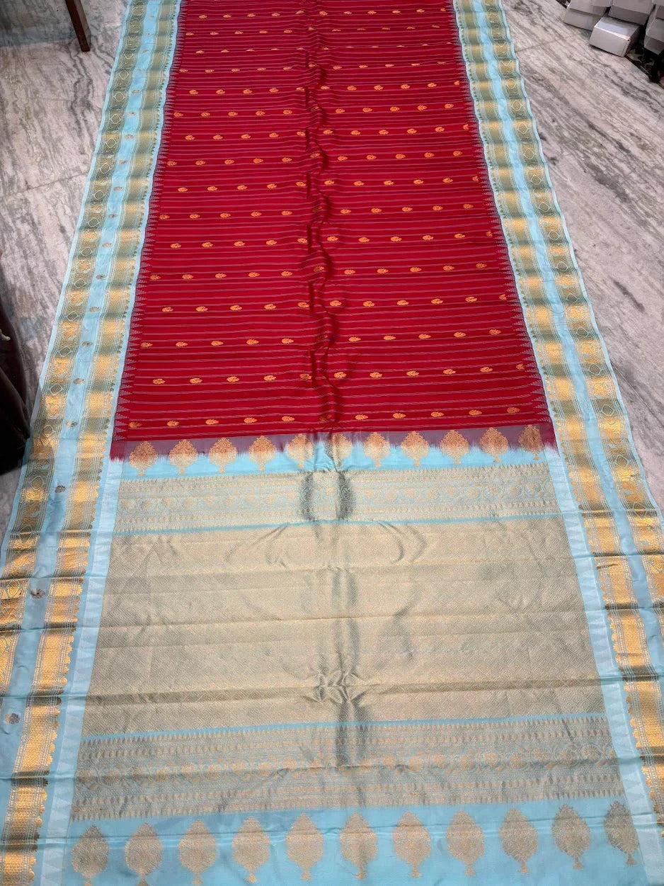 Pure Gadwal Silk Saree in Crimson Red & Sky Blue | Rich Gold Zari Stripe Body & Brocade Pallu | Traditional Wedding Handloom Saree - pochampallysarees.com
