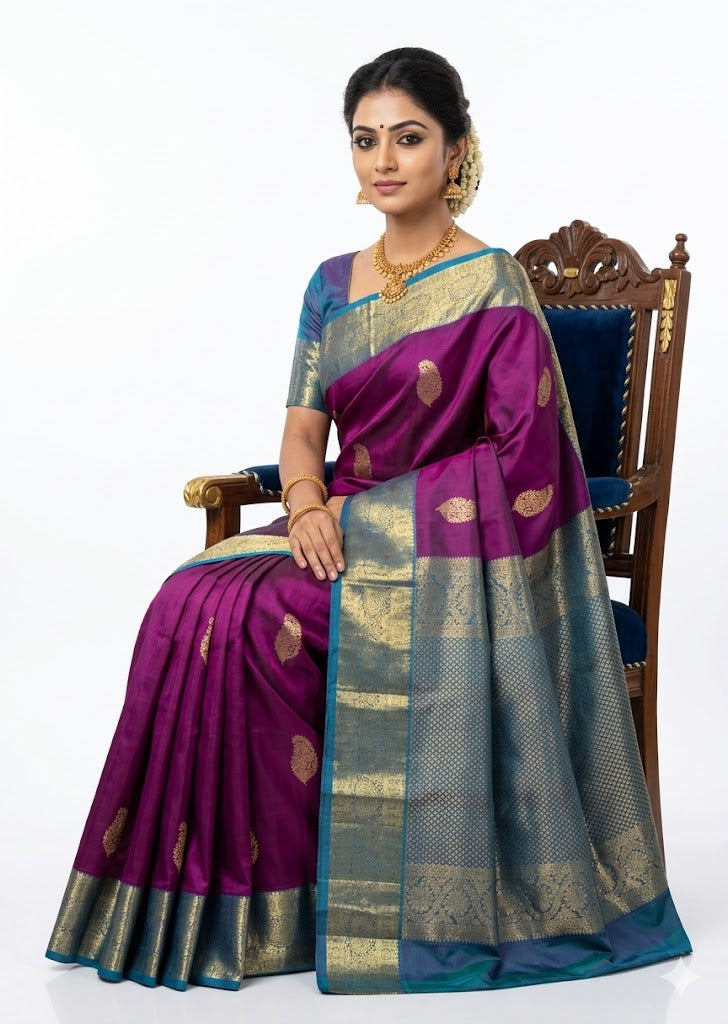 Beautiful woman sitting on a wooden chair wearing a pure purple Kanchipuram pattu saree featuring gold zari motifs and a heavy contrast blue pallu.