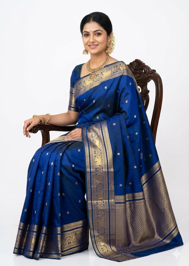A woman wearing a royal blue Kanchipuram Pattu saree featuring a wide gold zari border and small gold buttas. She is seated in a carved wooden chair and accessorized with traditional gold temple jewelry and a floral hair arrangement.