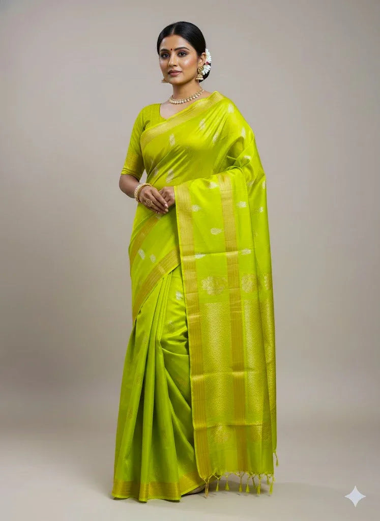 PURE SOFT SILK SAREE PARROT GREEN AND PARROT GREEN WITH ALLOVER BUTTI DESIGN WEAVES IN BORDER AND PALLU TISSUE STYLE - pochampallysarees.com