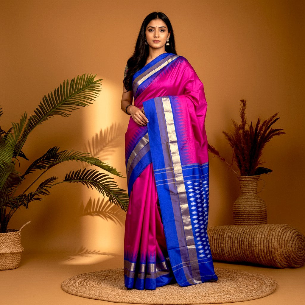 POCHAMPALLY IKKAT SILK MIDDLE PINK PLAIN BORDER BLUE PALLU AND BLOUSE SAME AS IKKAT DESIGN SARI - pochampallysarees.com