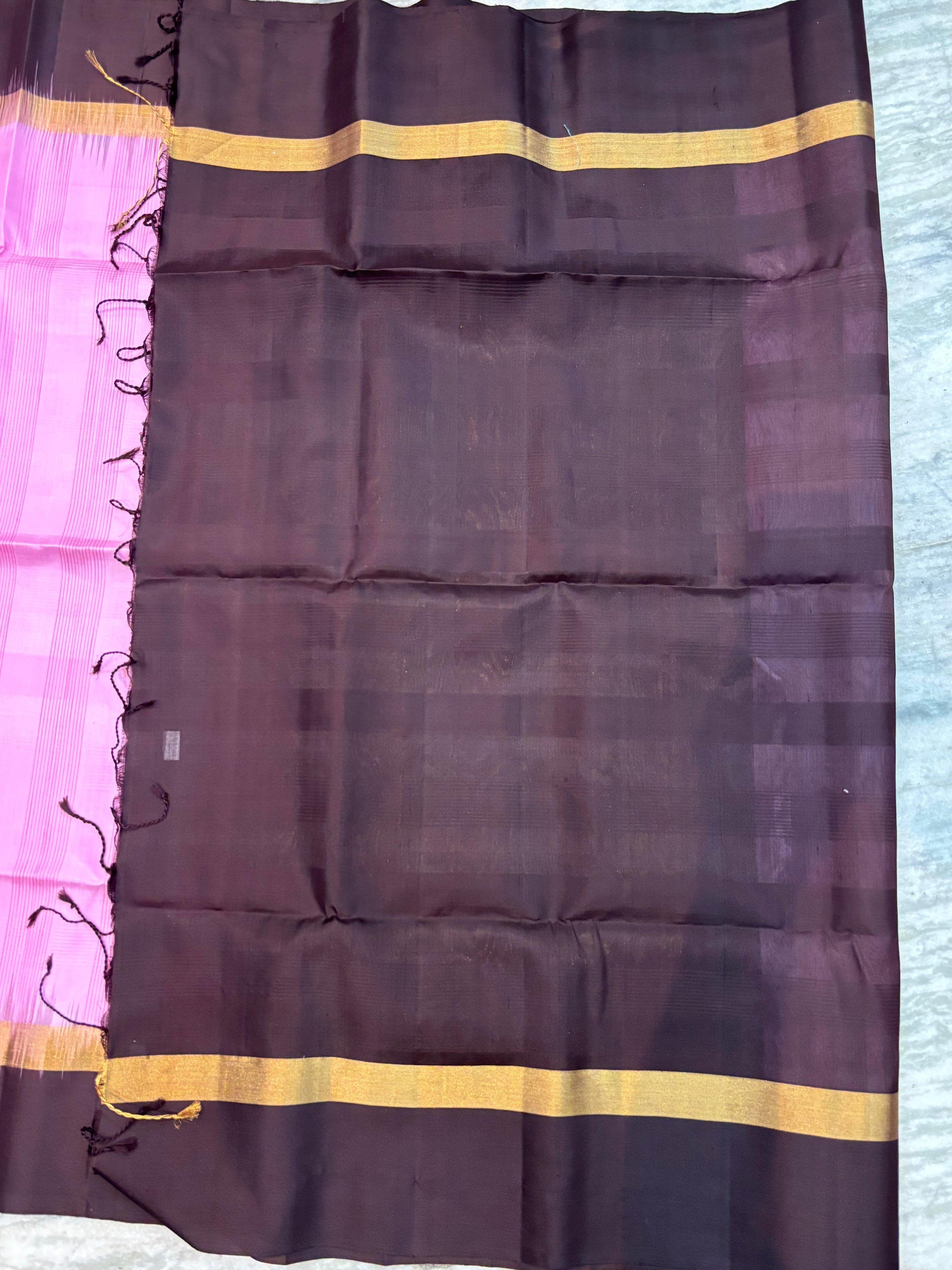 Elegant Pastel Pink Soft Silk Saree with Contrast Dark Coffee-Black Zari Border & Designer Pallu - pochampallysarees.com
