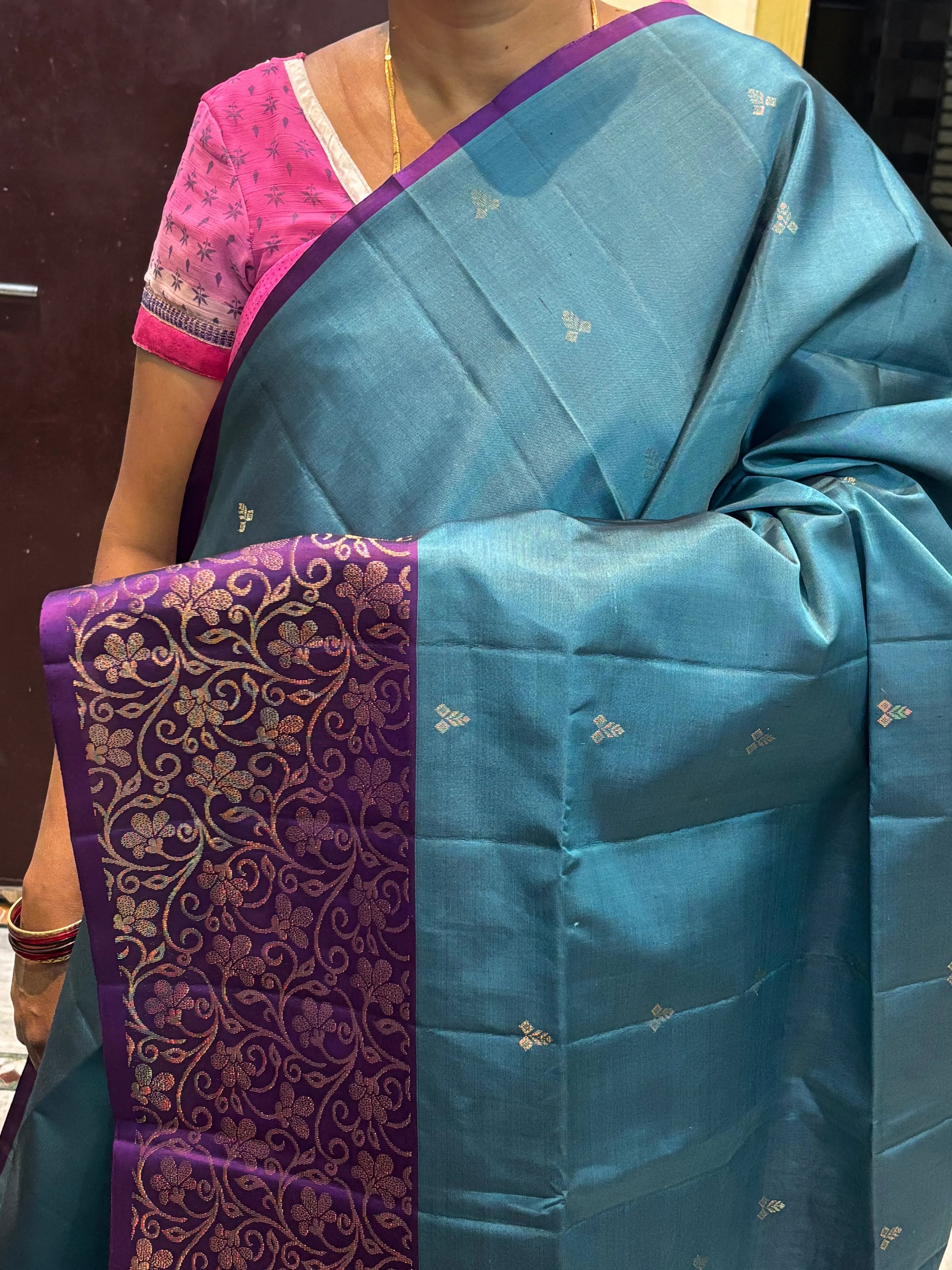 Kanchi Soft Silk Saree in Teal Blue with Contrast Purple Gold Zari Border | Includes Unstitched Blouse - pochampallysarees.com