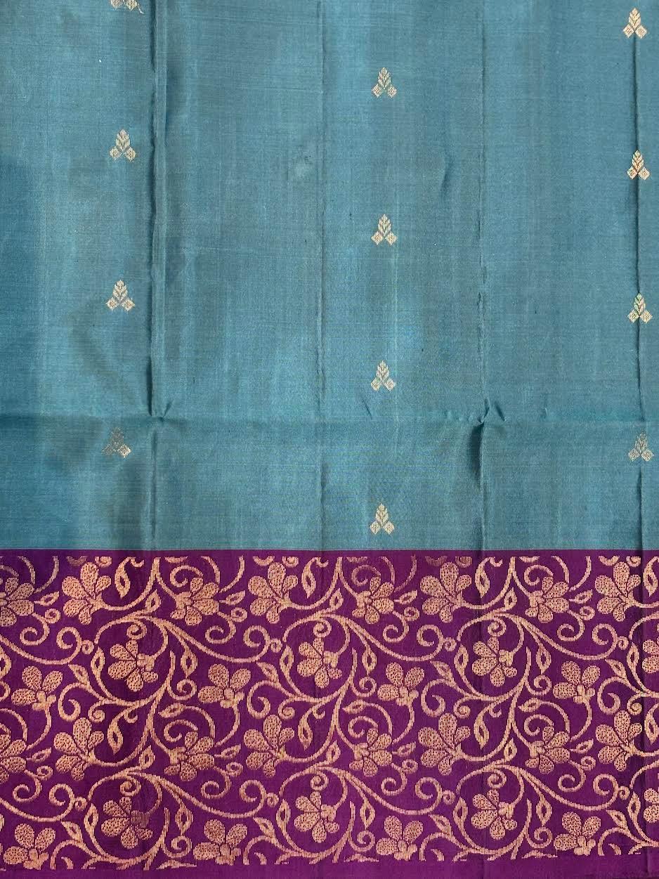 Kanchi Soft Silk Saree in Teal Blue with Contrast Purple Gold Zari Border | Includes Unstitched Blouse - pochampallysarees.com