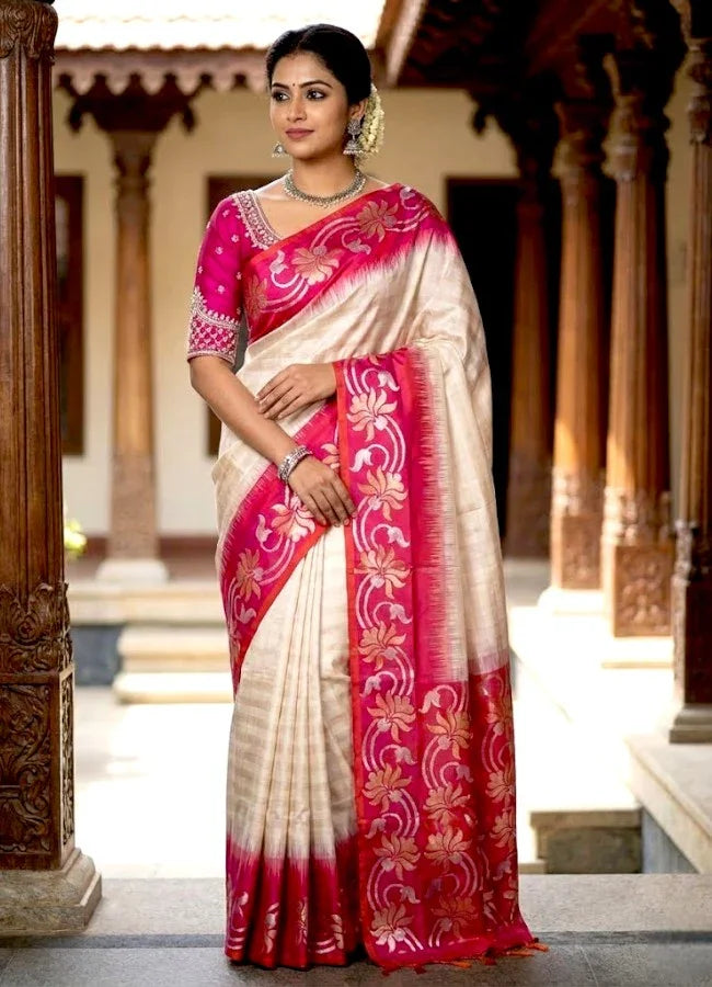 Cream & Deep Pink Kanchi Soft Silk Saree | Silver Zari Floral Border | Lightweight Festive Wear Saree with Blouse - pochampallysarees.com