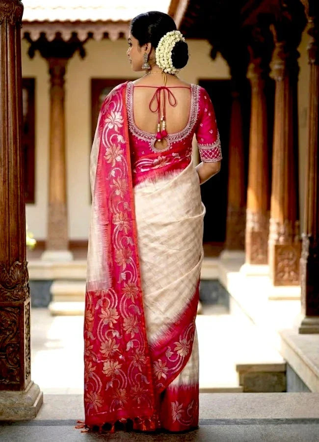Cream & Deep Pink Kanchi Soft Silk Saree | Silver Zari Floral Border | Lightweight Festive Wear Saree with Blouse - pochampallysarees.com