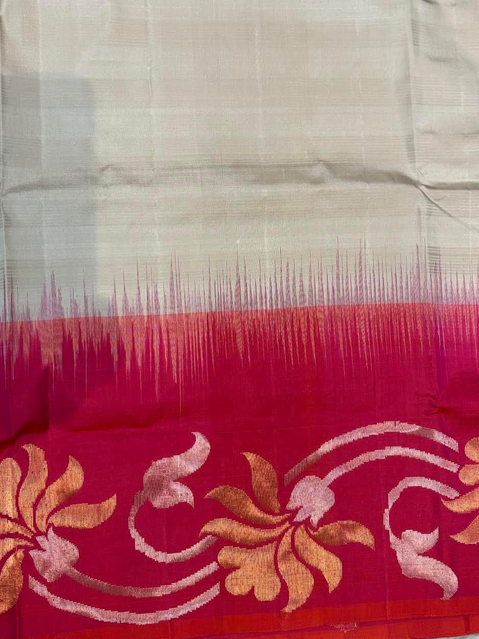 Cream & Deep Pink Kanchi Soft Silk Saree | Silver Zari Floral Border | Lightweight Festive Wear Saree with Blouse - pochampallysarees.com