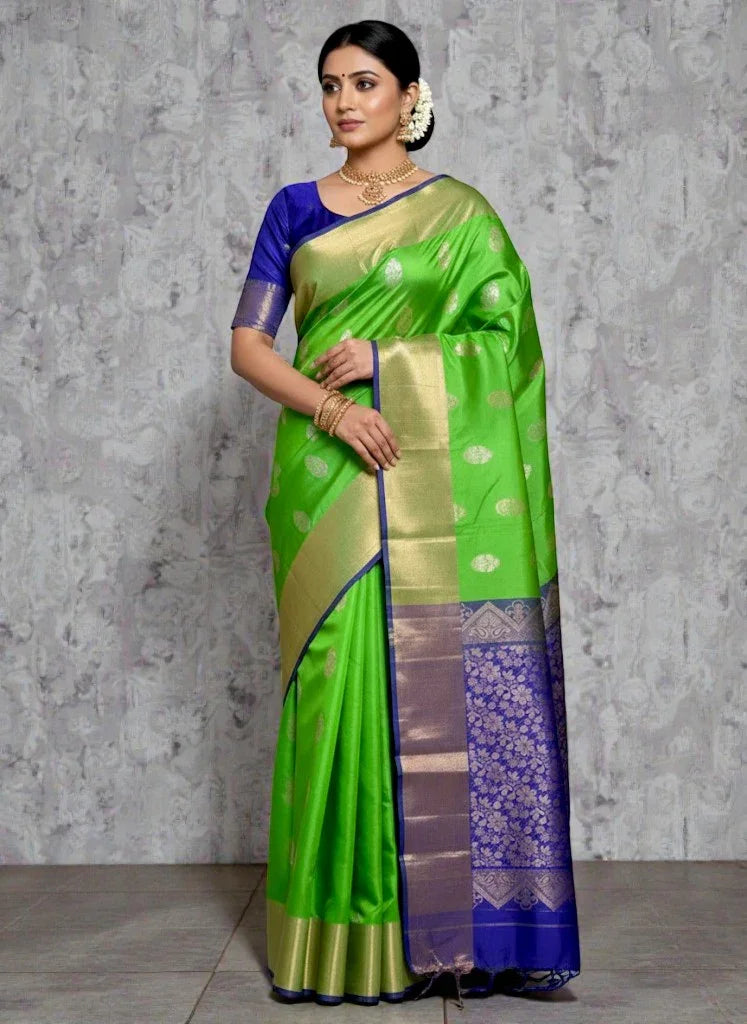 PURE SOFT SILK SAREE PARROT GREEN AND BLUE WITH ALLOVER BUTTI DESIGN WEAVES IN BORDER AND PALLU TISSUE STYLE - pochampallysarees.com