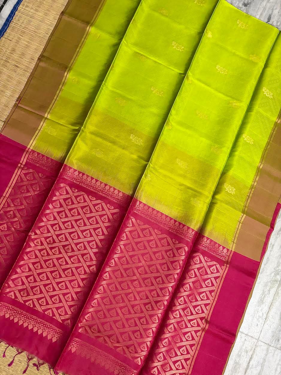PURE SOFT SILK SAREE PARROT GREEN AND PINK WITH ALLOVER BUTTI DESIGN WEAVES IN BORDER AND PALLU TISSUE STYLE - pochampallysarees.com