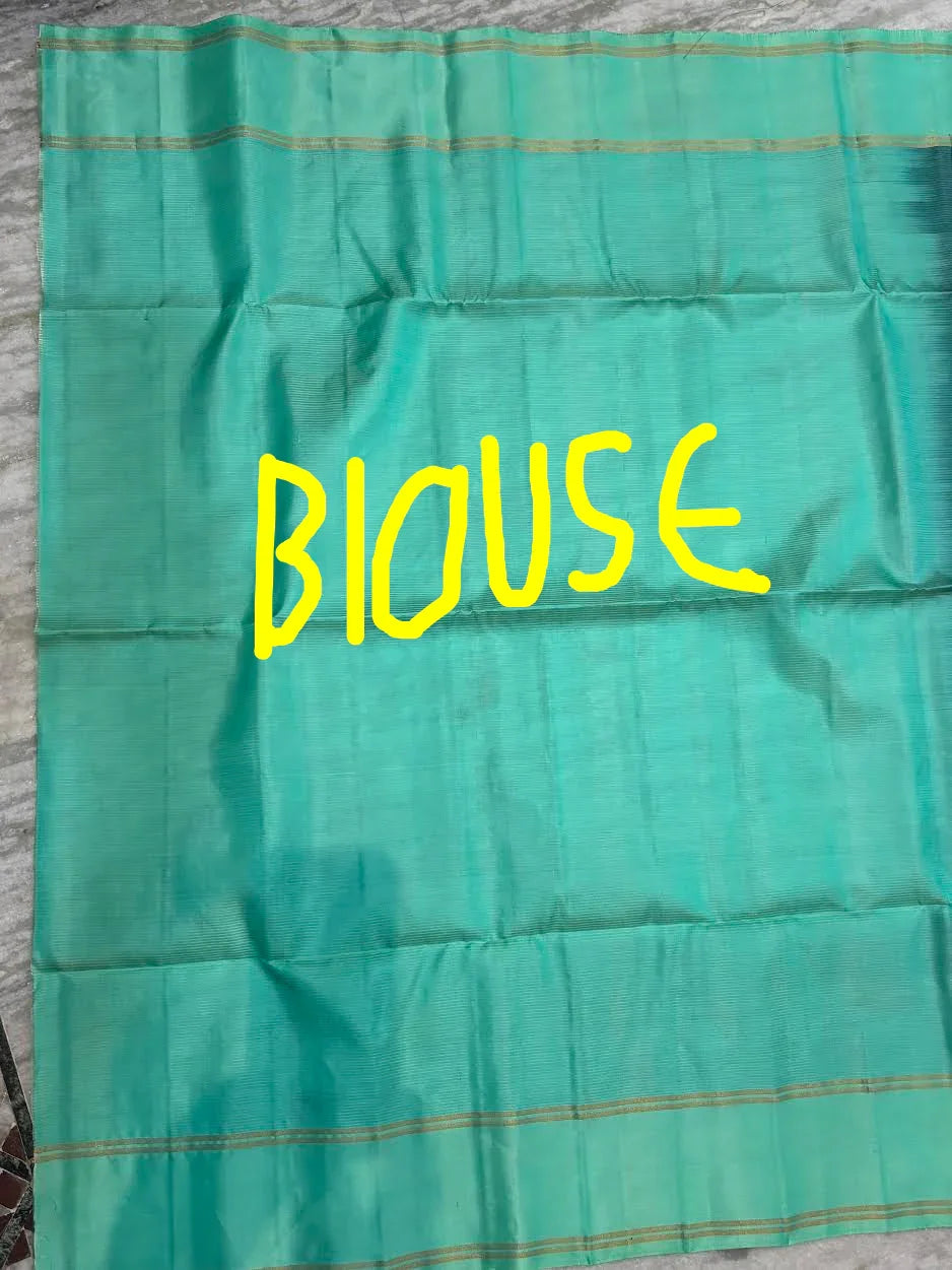 Navy Blue Kanchi Soft Silk Saree with Sea Green Temple Border & Striped Blouse - pochampallysarees.com