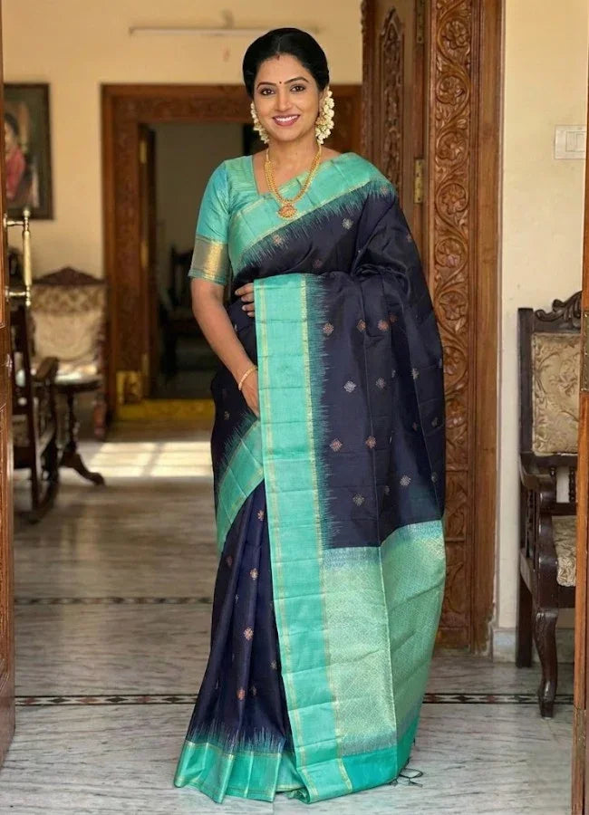 Navy Blue Kanchi Soft Silk Saree with Sea Green Temple Border & Striped Blouse - pochampallysarees.com