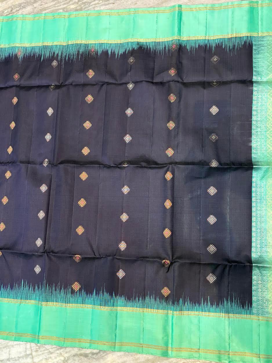 Navy Blue Kanchi Soft Silk Saree with Sea Green Temple Border & Striped Blouse - pochampallysarees.com