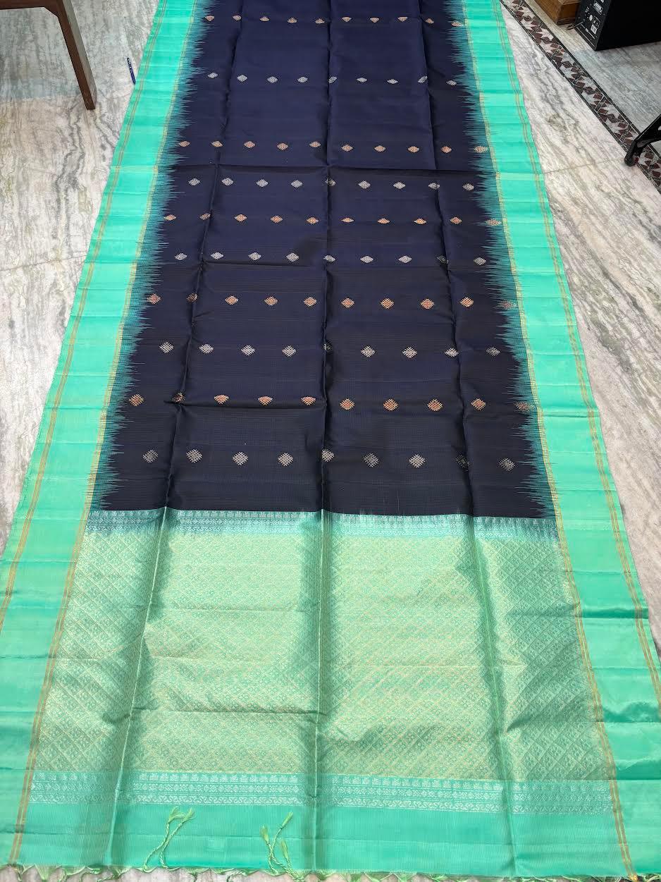 Navy Blue Kanchi Soft Silk Saree with Sea Green Temple Border & Striped Blouse - pochampallysarees.com