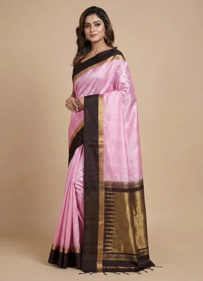 Elegant Pastel Pink Soft Silk Saree with Contrast Dark Coffee-Black Zari Border & Designer Pallu - pochampallysarees.com