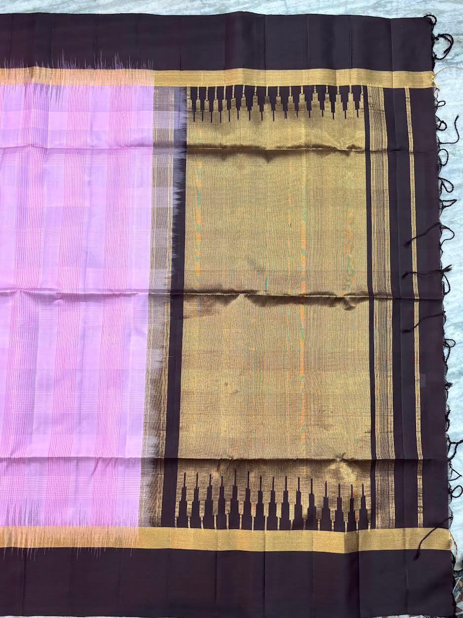 Elegant Pastel Pink Soft Silk Saree with Contrast Dark Coffee-Black Zari Border & Designer Pallu - pochampallysarees.com
