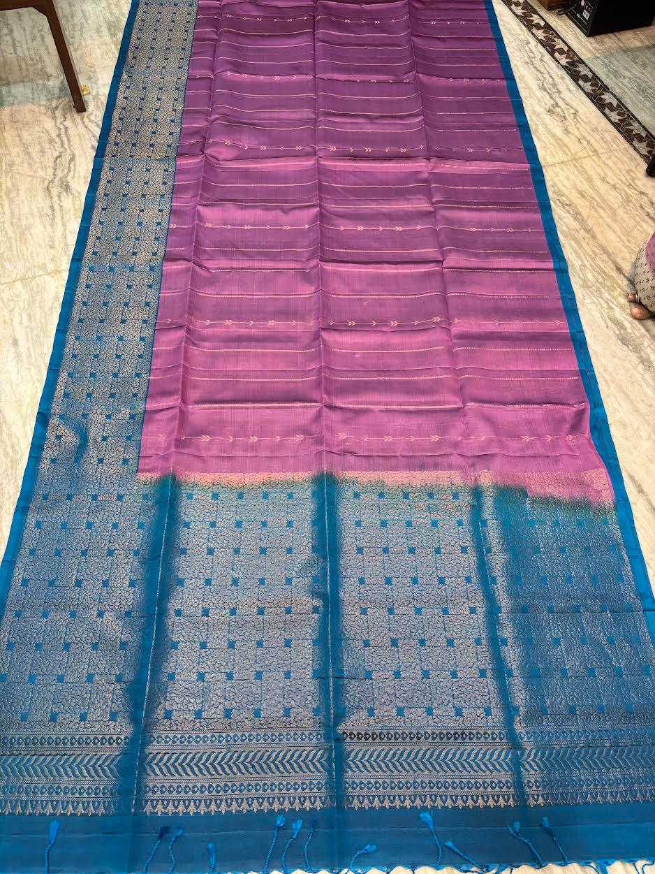 Lavender Purple Kanchi Soft Silk Saree with Contrast Ananda Blue Zari Border | Lightweight Festive Wear - pochampallysarees.com
