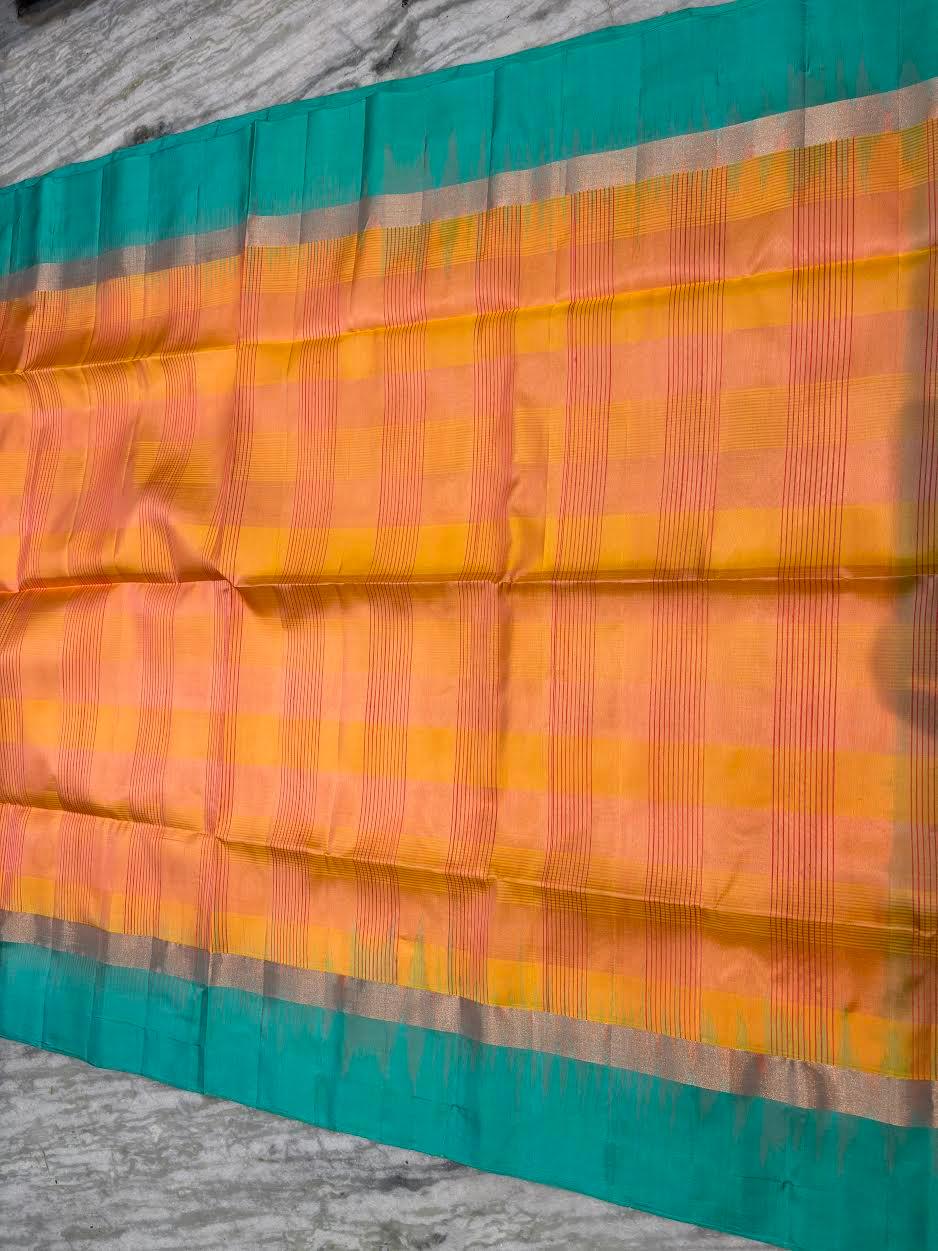 Pure Soft Silk Saree in Dual-Tone Yellow & Peach with Sea Green Zari Border | Lightweight Festive Wear with Tasseled Pallu - pochampallysarees.com