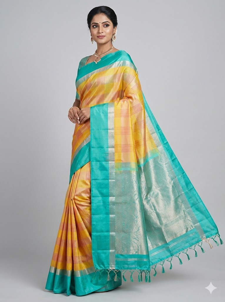 Pure Soft Silk Saree in Dual-Tone Yellow & Peach with Sea Green Zari Border | Lightweight Festive Wear with Tasseled Pallu
