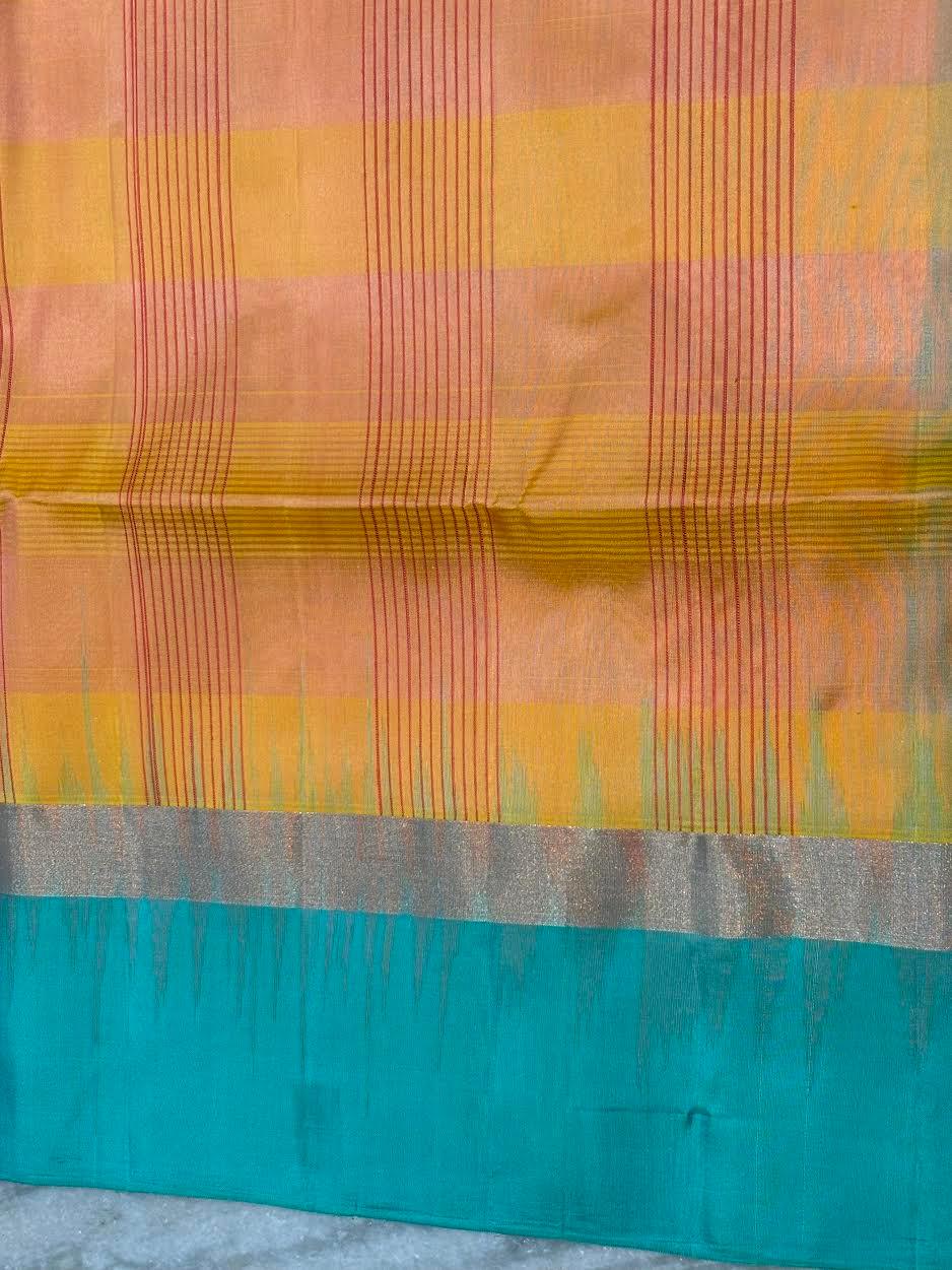 Pure Soft Silk Saree in Dual-Tone Yellow & Peach with Sea Green Zari Border | Lightweight Festive Wear with Tasseled Pallu - pochampallysarees.com