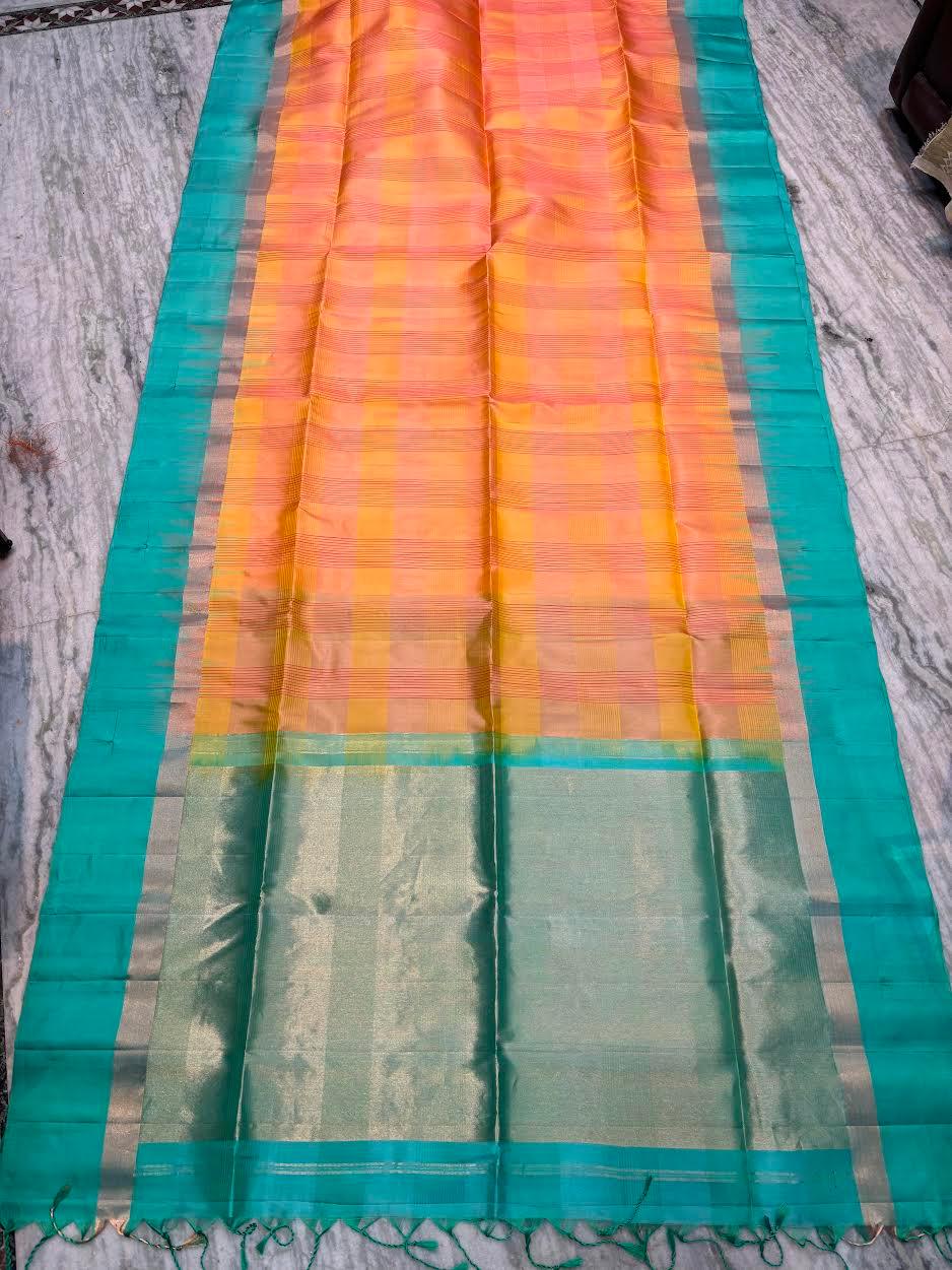 Pure Soft Silk Saree in Dual-Tone Yellow & Peach with Sea Green Zari Border | Lightweight Festive Wear with Tasseled Pallu - pochampallysarees.com