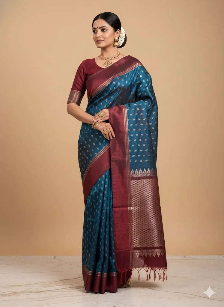 PURE SOFT SILK SAREE BLUE AND OLIVE MAROON WITH ALLOVER BUTTI DESIGN WEAVES IN BORDER AND PALLU TISSUE STYLE - pochampallysarees.com