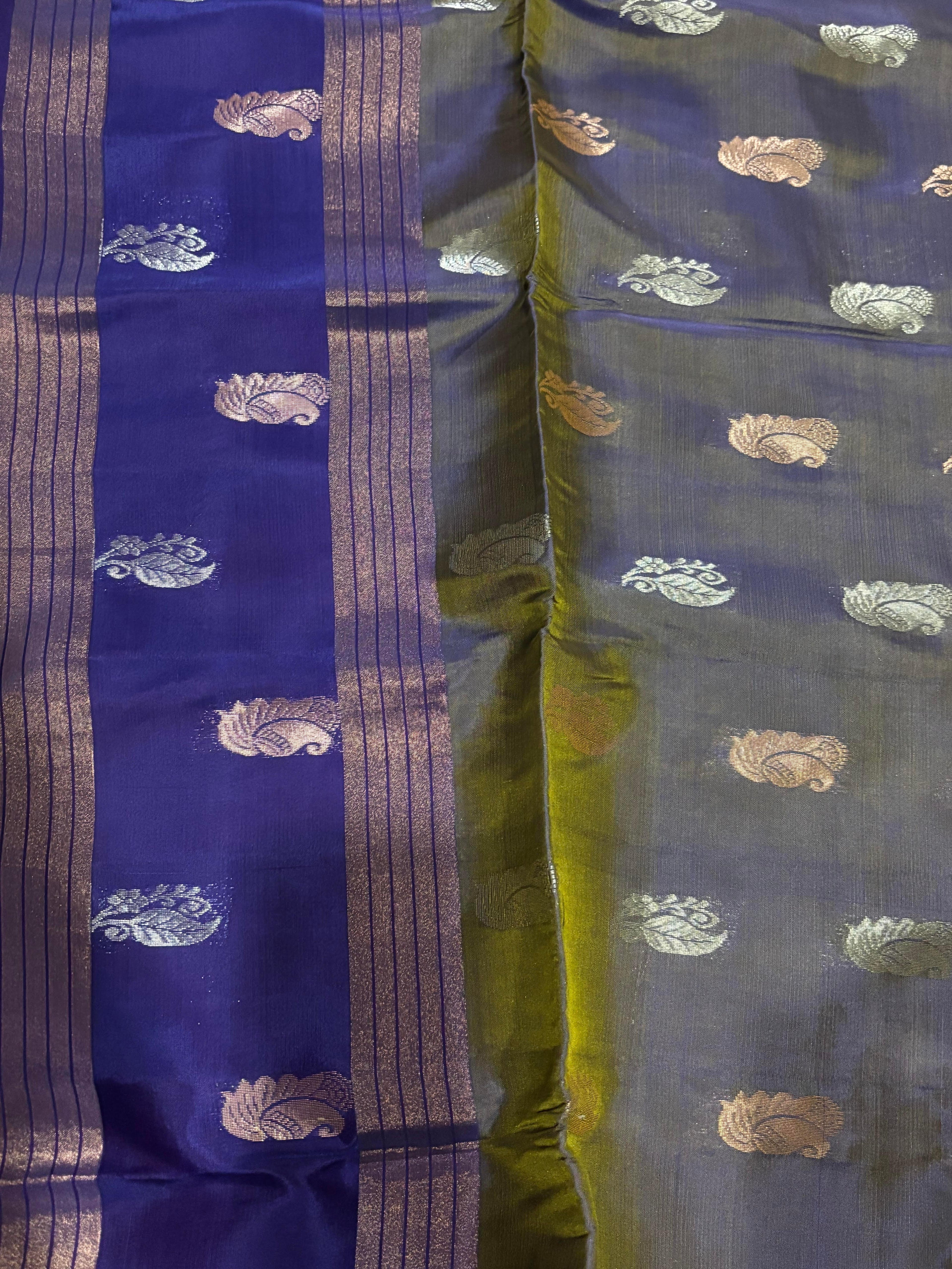 PURE SOFT SILK SAREE GRAY AND PURPLE WITH ALLOVER BUTTI DESIGN WEAVES IN BORDER AND PALLU TISSUE STYLE - pochampallysarees.com