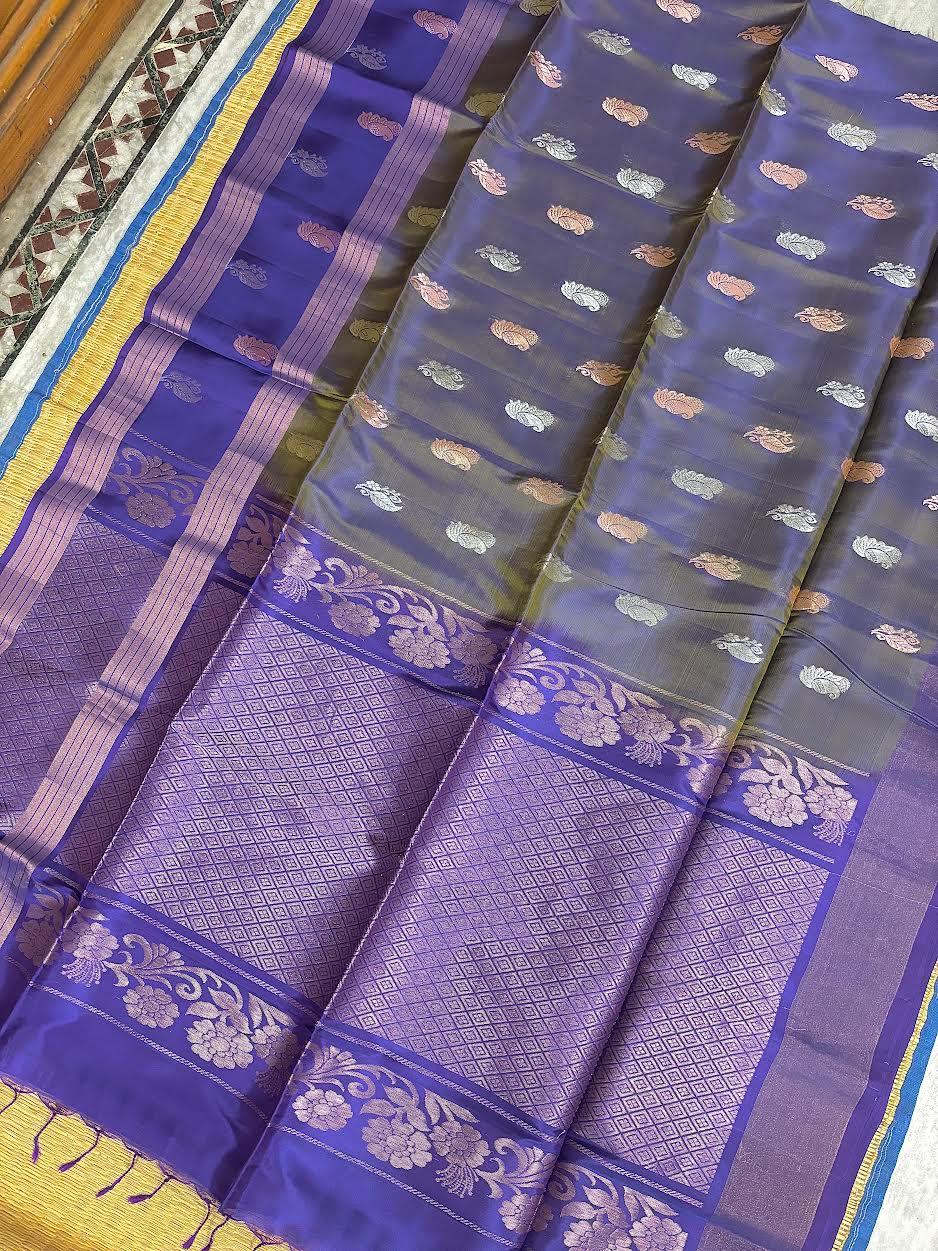 PURE SOFT SILK SAREE GRAY AND PURPLE WITH ALLOVER BUTTI DESIGN WEAVES IN BORDER AND PALLU TISSUE STYLE - pochampallysarees.com