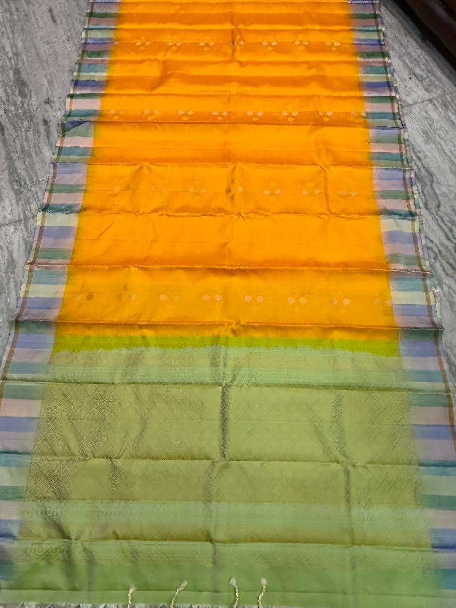 Soft Silk Saree Yellow | Latest Kanchi Design with Striped Zari Border & Blouse Piece - pochampallysarees.com