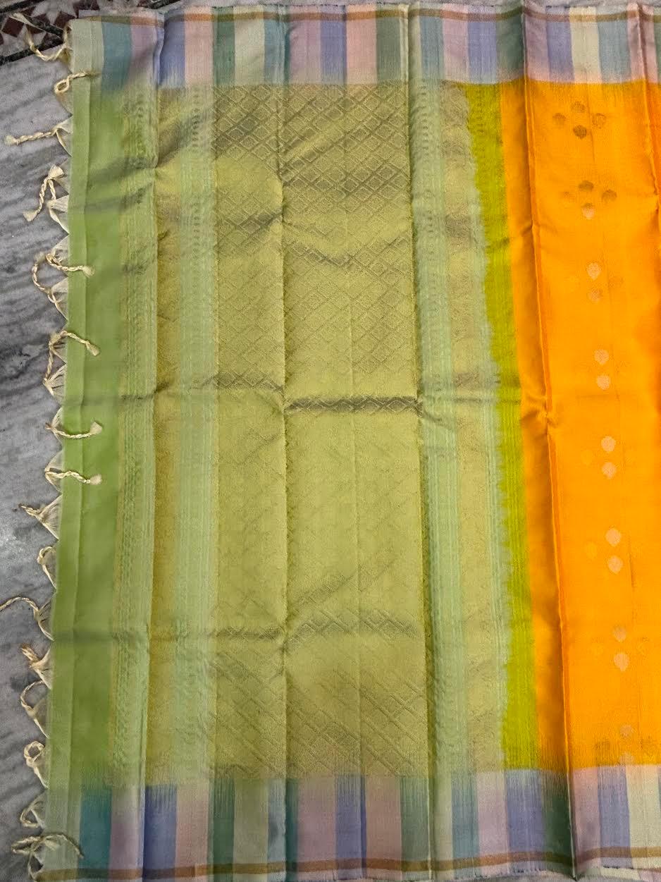 Soft Silk Saree Yellow | Latest Kanchi Design with Striped Zari Border & Blouse Piece - pochampallysarees.com