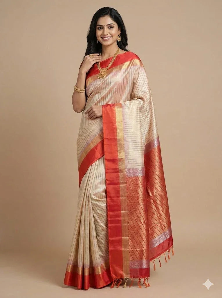 Women’s Pure Soft Silk Saree in Cream & Red with Vertical Zari Stripes | Designer Traditional Ethnic Wear with Rich Diagonal Weave Pallu & Blouse Piece - pochampallysarees.com