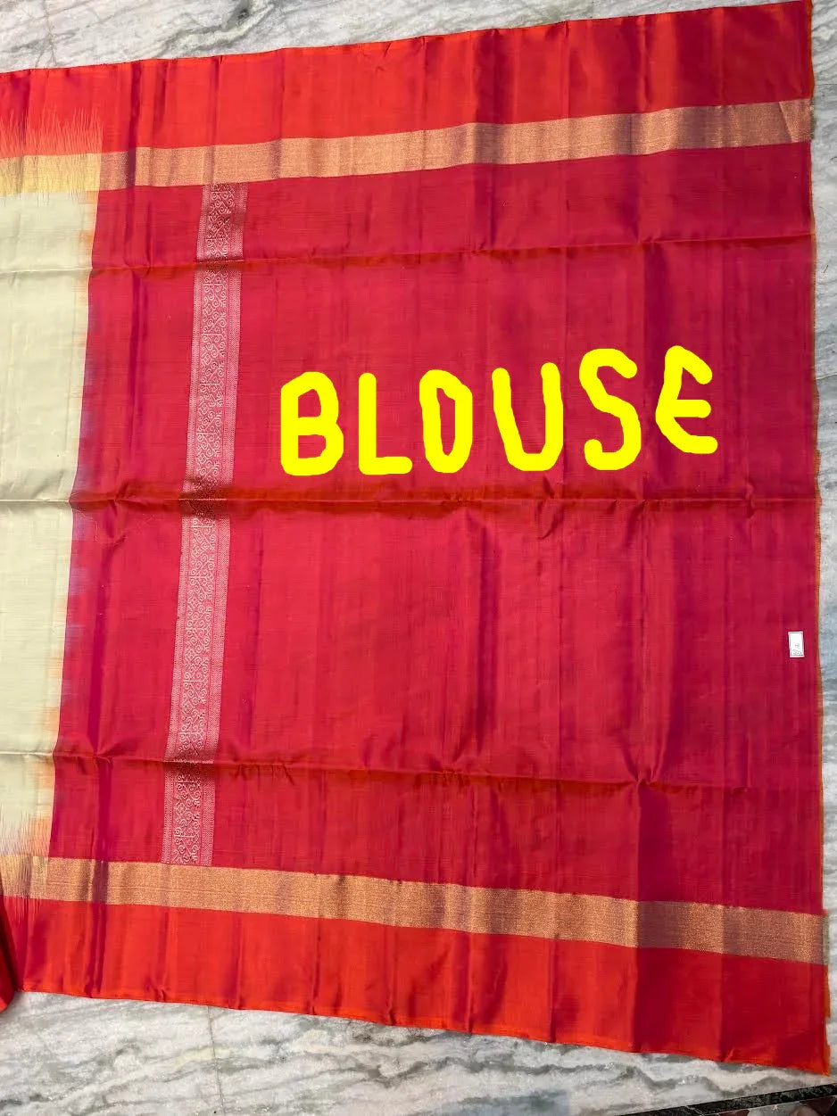 Women’s Pure Soft Silk Saree in Cream & Red with Vertical Zari Stripes | Designer Traditional Ethnic Wear with Rich Diagonal Weave Pallu & Blouse Piece - pochampallysarees.com