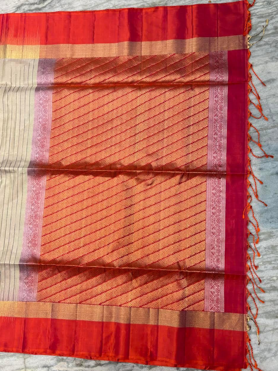 Women’s Pure Soft Silk Saree in Cream & Red with Vertical Zari Stripes | Designer Traditional Ethnic Wear with Rich Diagonal Weave Pallu & Blouse Piece