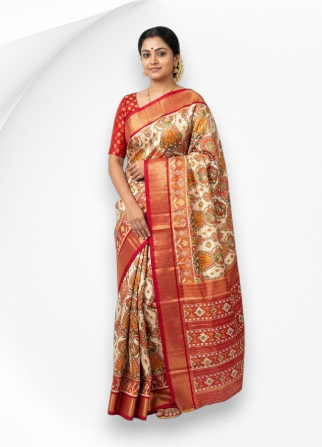 pure Pochampally Ikat silk tissue saree body featuring an off-white base with traditional dancing women motifs inside a geometric lattice, bordered by rich red and gold zari.