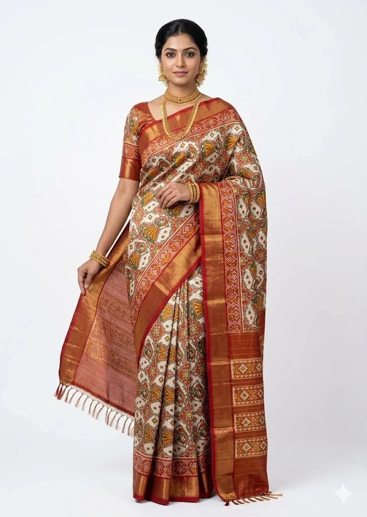 pure Pochampally Ikkat silk tissue saree body featuring an off-white base with traditional dancing women motifs inside a geometric lattice, bordered by rich red and gold zari.