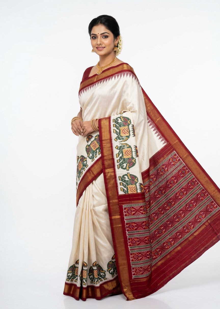 A beautiful Indian woman standing gracefully against a minimal white background, modeling an elegant ivory Pochampally Ikkat silk saree. The saree features a striking deep red and gold zari border with intricate green and yellow elephant motifs. The drape showcases a grand, contrasting red pallu with classic geometric Ikkat weave patterns. She is styled with traditional gold jewelry and a floral hair bun.